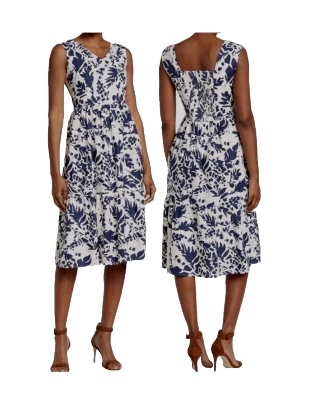 Magaschoni Dress Size 10 Linen Blend Tier Midi Navy White Floral Smocked Coastal